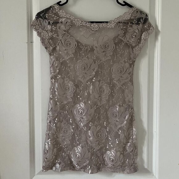 Y2K Vintage Charlotte Russe Floral Lace Sheer Lavender Purple Short Sleeves Top - Picture 4 of 6